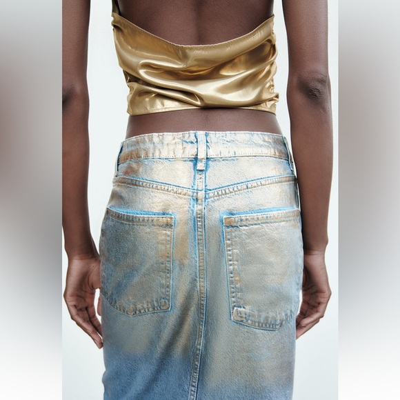 ZARA Z1975 GOLD METALLIC DENIM SKIRT - Picture 4 of 8